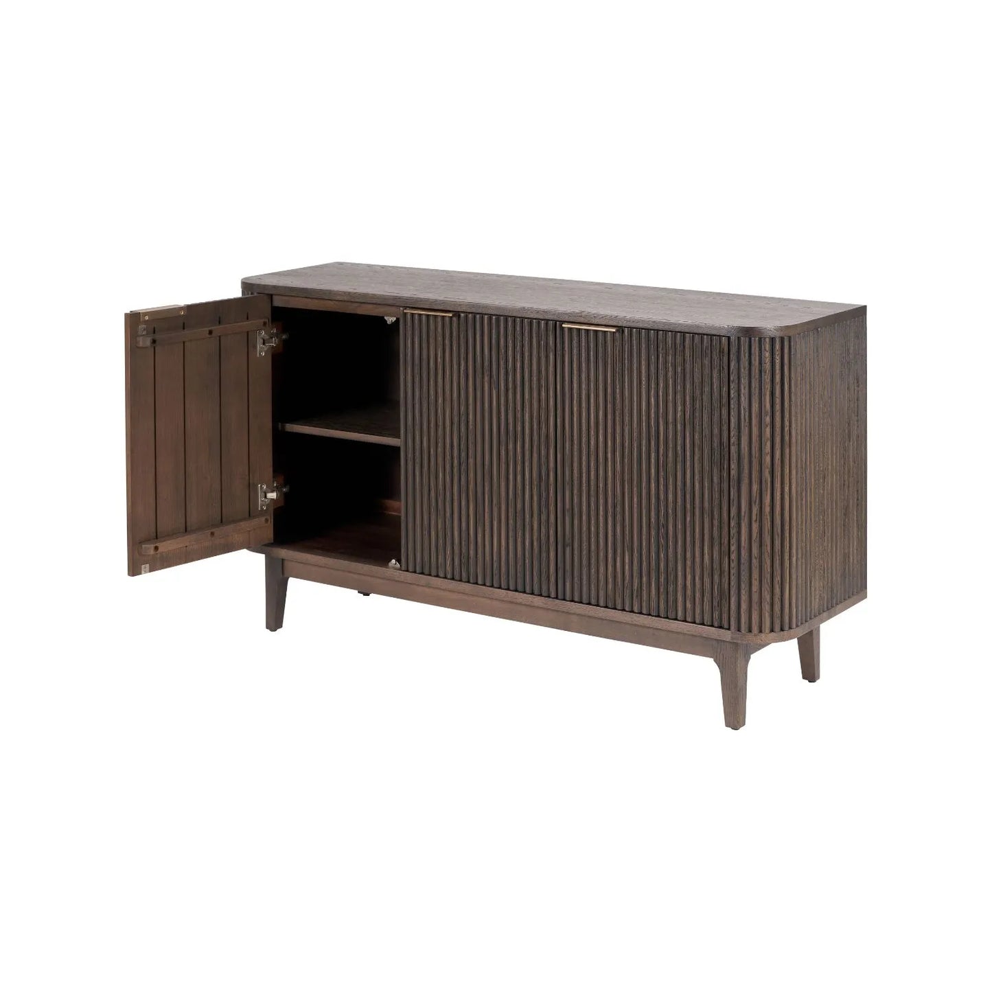 Scandinavian Retro Ribbed Dark Brown Oak Wood 3 Door Sideboard with Slim Brushed Gold Handles & Internal Shelves – Mid Century Fluted Oak Storage Cabinet with Curved Edges for Living Rooms Dining Rooms & Hallways 80x140x43cm | Click Style