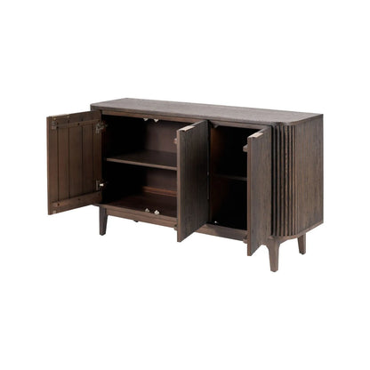 Scandinavian Retro Ribbed Dark Brown Oak Wood 3 Door Sideboard with Slim Brushed Gold Handles & Internal Shelves – Mid Century Fluted Oak Storage Cabinet with Curved Edges for Living Rooms Dining Rooms & Hallways 80x140x43cm | Click Style