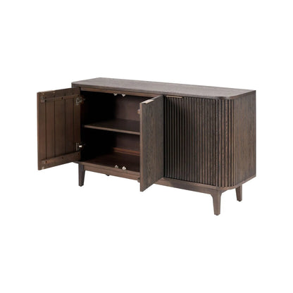 Scandinavian Retro Ribbed Dark Brown Oak Wood 3 Door Sideboard with Slim Brushed Gold Handles & Internal Shelves – Mid Century Fluted Oak Storage Cabinet with Curved Edges for Living Rooms Dining Rooms & Hallways 80x140x43cm | Click Style
