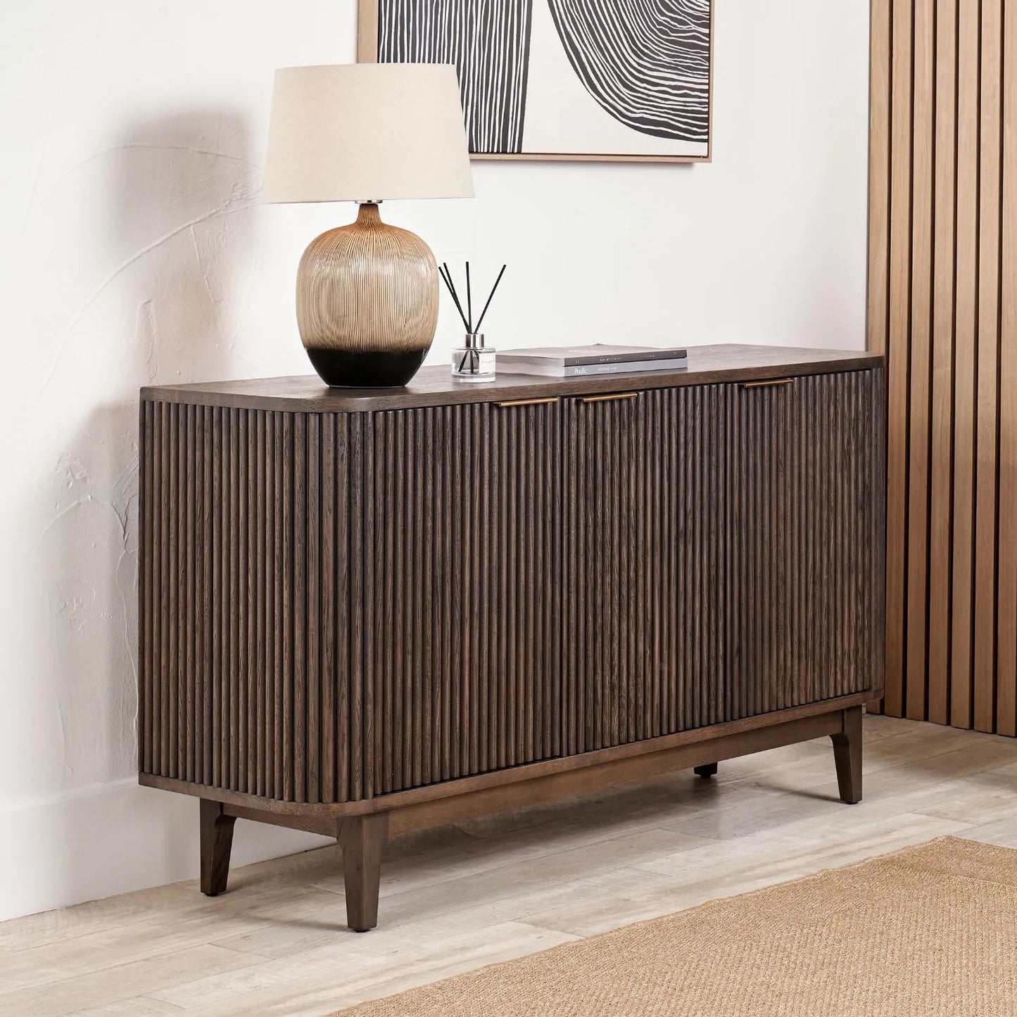Scandinavian Retro Ribbed Dark Brown Oak Wood 3 Door Sideboard with Slim Brushed Gold Handles & Internal Shelves – Mid Century Fluted Oak Storage Cabinet with Curved Edges for Living Rooms Dining Rooms & Hallways 80x140x43cm | Click Style