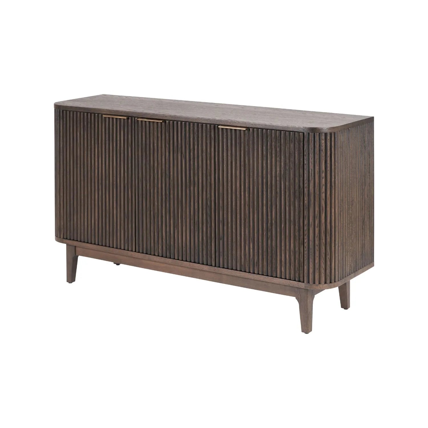 Scandinavian Retro Ribbed Dark Brown Oak Wood 3 Door Sideboard with Slim Brushed Gold Handles & Internal Shelves – Mid Century Fluted Oak Storage Cabinet with Curved Edges for Living Rooms Dining Rooms & Hallways 80x140x43cm | Click Style