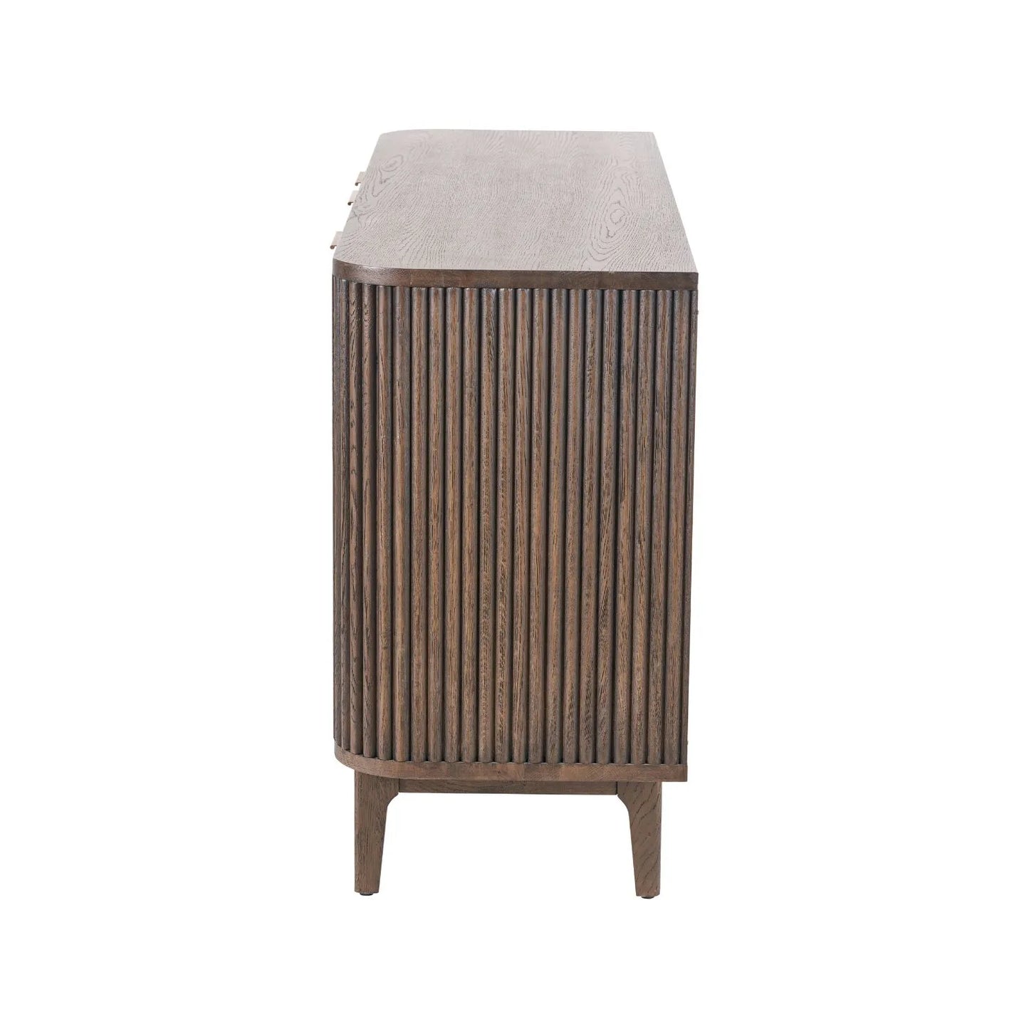 Scandinavian Retro Ribbed Dark Brown Oak Wood 3 Door Sideboard with Slim Brushed Gold Handles & Internal Shelves Side View – Mid Century Fluted Oak Storage Cabinet with Curved Edges for Living Rooms Dining Rooms & Hallways 80x140x43cm | Click Style