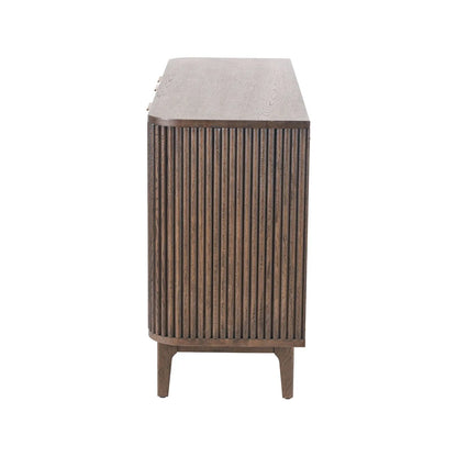 Scandinavian Retro Ribbed Dark Brown Oak Wood 3 Door Sideboard with Slim Brushed Gold Handles & Internal Shelves Side View – Mid Century Fluted Oak Storage Cabinet with Curved Edges for Living Rooms Dining Rooms & Hallways 80x140x43cm | Click Style