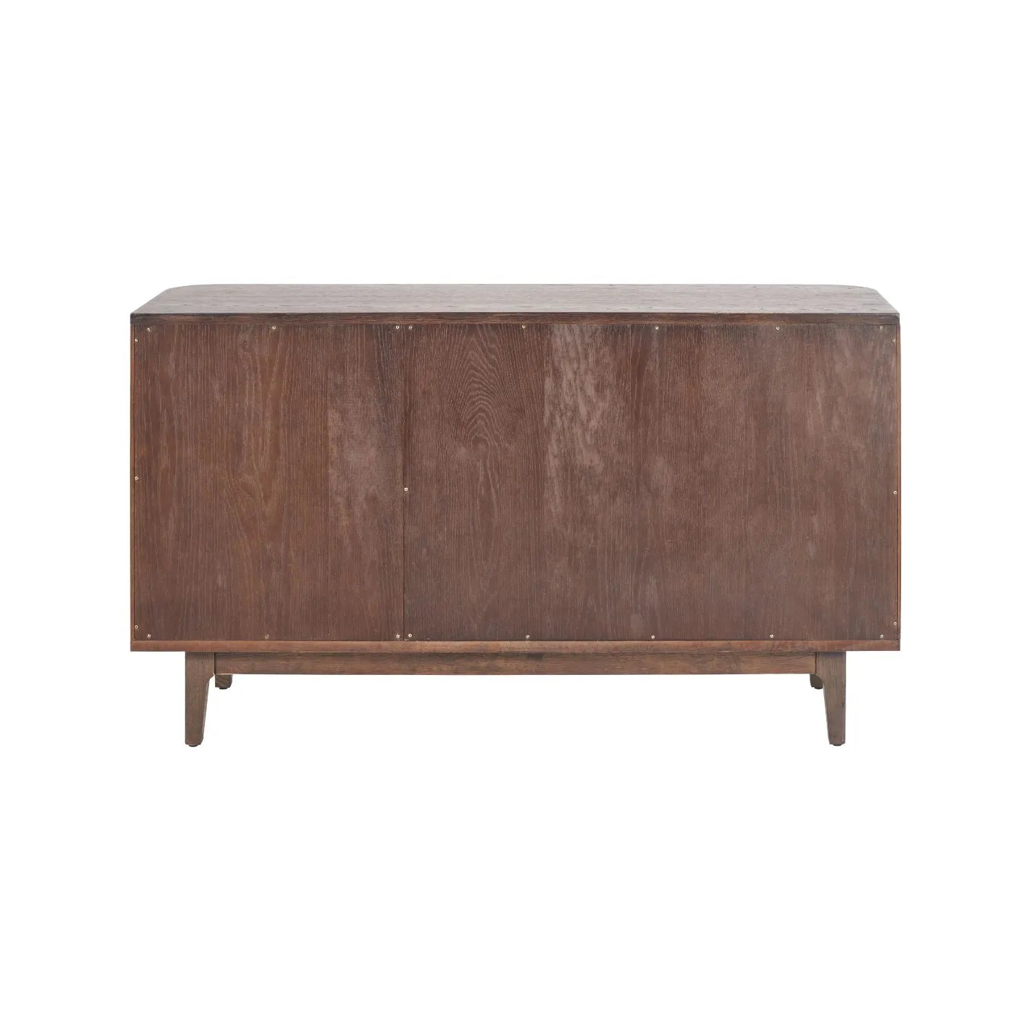 Scandinavian Retro Ribbed Dark Brown Oak Wood 3 Door Sideboard with Slim Brushed Gold Handles & Internal Shelves Back View – Mid Century Fluted Oak Storage Cabinet with Curved Edges for Living Rooms Dining Rooms & Hallways 80x140x43cm | Click Style