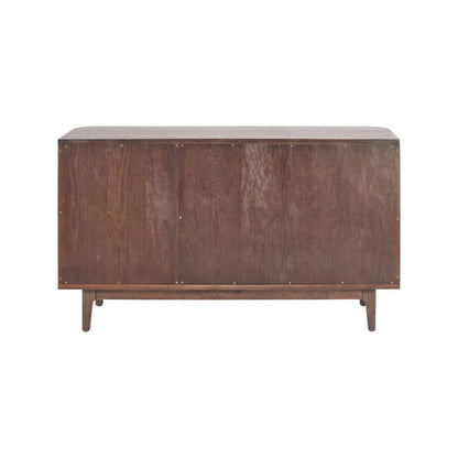 Scandinavian Retro Ribbed Dark Brown Oak Wood 3 Door Sideboard with Slim Brushed Gold Handles & Internal Shelves Back View – Mid Century Fluted Oak Storage Cabinet with Curved Edges for Living Rooms Dining Rooms & Hallways 80x140x43cm | Click Style