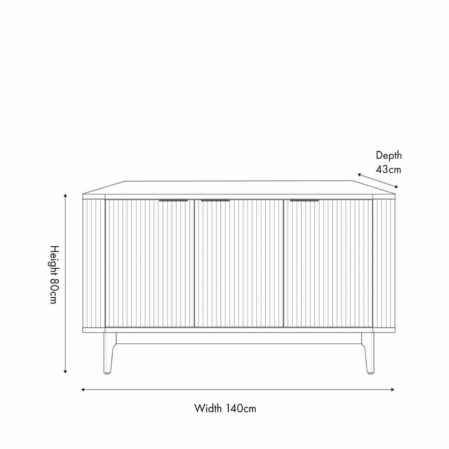 Scandinavian Retro Ribbed Dark Brown Oak Wood 3 Door Sideboard with Slim Brushed Gold Handles & Internal Shelves Dimensions – Mid Century Fluted Oak Storage Cabinet with Curved Edges for Living Rooms Dining Rooms & Hallways 80x140x43cm | Click Style