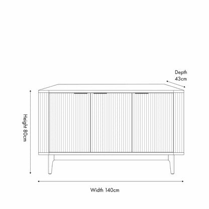 Scandinavian Retro Ribbed Dark Brown Oak Wood 3 Door Sideboard with Slim Brushed Gold Handles & Internal Shelves Dimensions – Mid Century Fluted Oak Storage Cabinet with Curved Edges for Living Rooms Dining Rooms & Hallways 80x140x43cm | Click Style