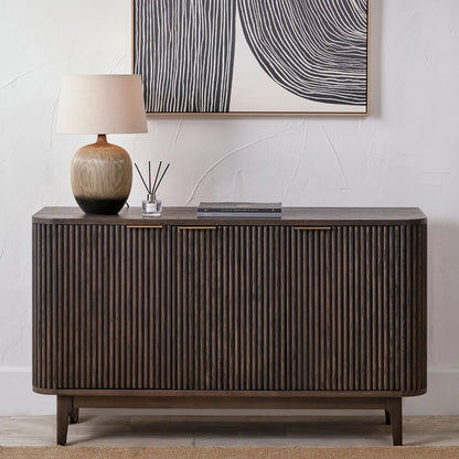 Scandinavian Retro Ribbed Dark Brown Oak Wood 3 Door Sideboard with Slim Brushed Gold Handles & Internal Shelves – Mid Century Fluted Oak Storage Cabinet with Curved Edges for Living Rooms Dining Rooms & Hallways 80x140x43cm | Click Style