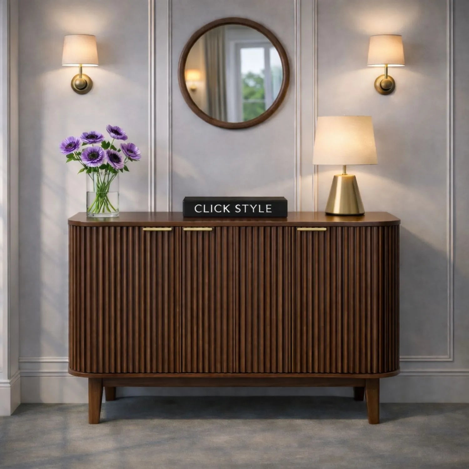 Scandinavian Retro Ribbed Dark Brown Oak Wood 3 Door Sideboard with Slim Brushed Gold Handles & Internal Shelves – Mid Century Fluted Oak Storage Cabinet with Curved Edges for Living Rooms Dining Rooms & Hallways 80x140x43cm | Click Style