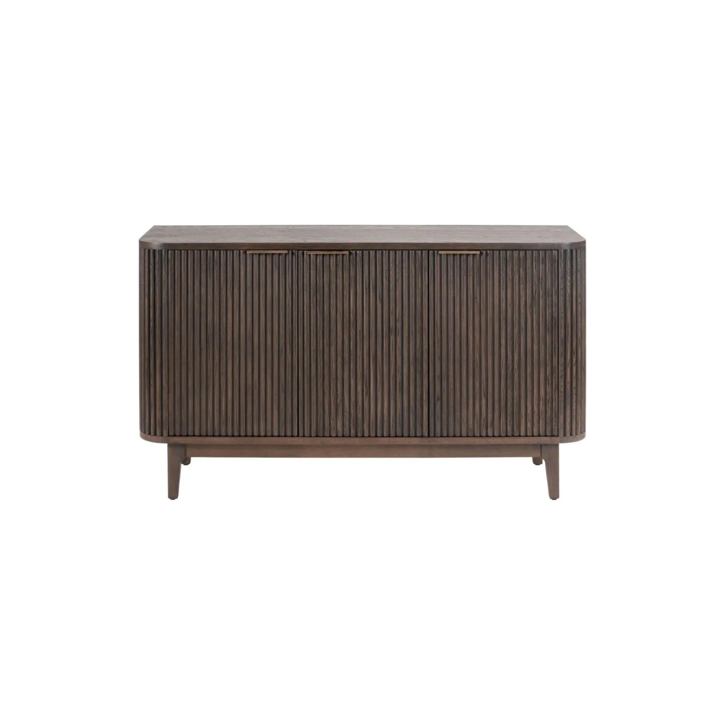 Scandinavian Retro Ribbed Dark Brown Oak Wood 3 Door Sideboard with Slim Brushed Gold Handles & Internal Shelves – Mid Century Fluted Oak Storage Cabinet with Curved Edges for Living Rooms Dining Rooms & Hallways 80x140x43cm | Click Style