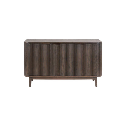 Scandinavian Retro Ribbed Dark Brown Oak Wood 3 Door Sideboard with Slim Brushed Gold Handles & Internal Shelves – Mid Century Fluted Oak Storage Cabinet with Curved Edges for Living Rooms Dining Rooms & Hallways 80x140x43cm | Click Style