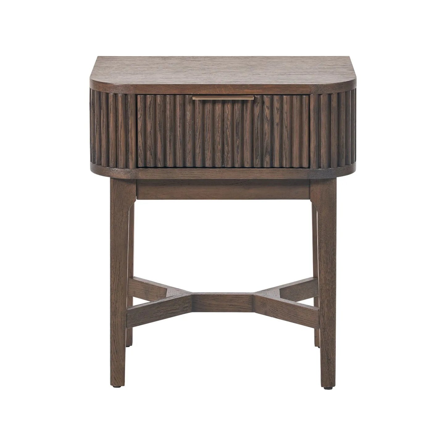 Scandinavian Retro Ribbed Dark Brown Oak Wood 1 Drawer Wooden Side Table with Slim Gold Handle, Curved Edges, Tapered Legs and Angular Cross Brace – Bedside Table 65x56x38cm | Click Style