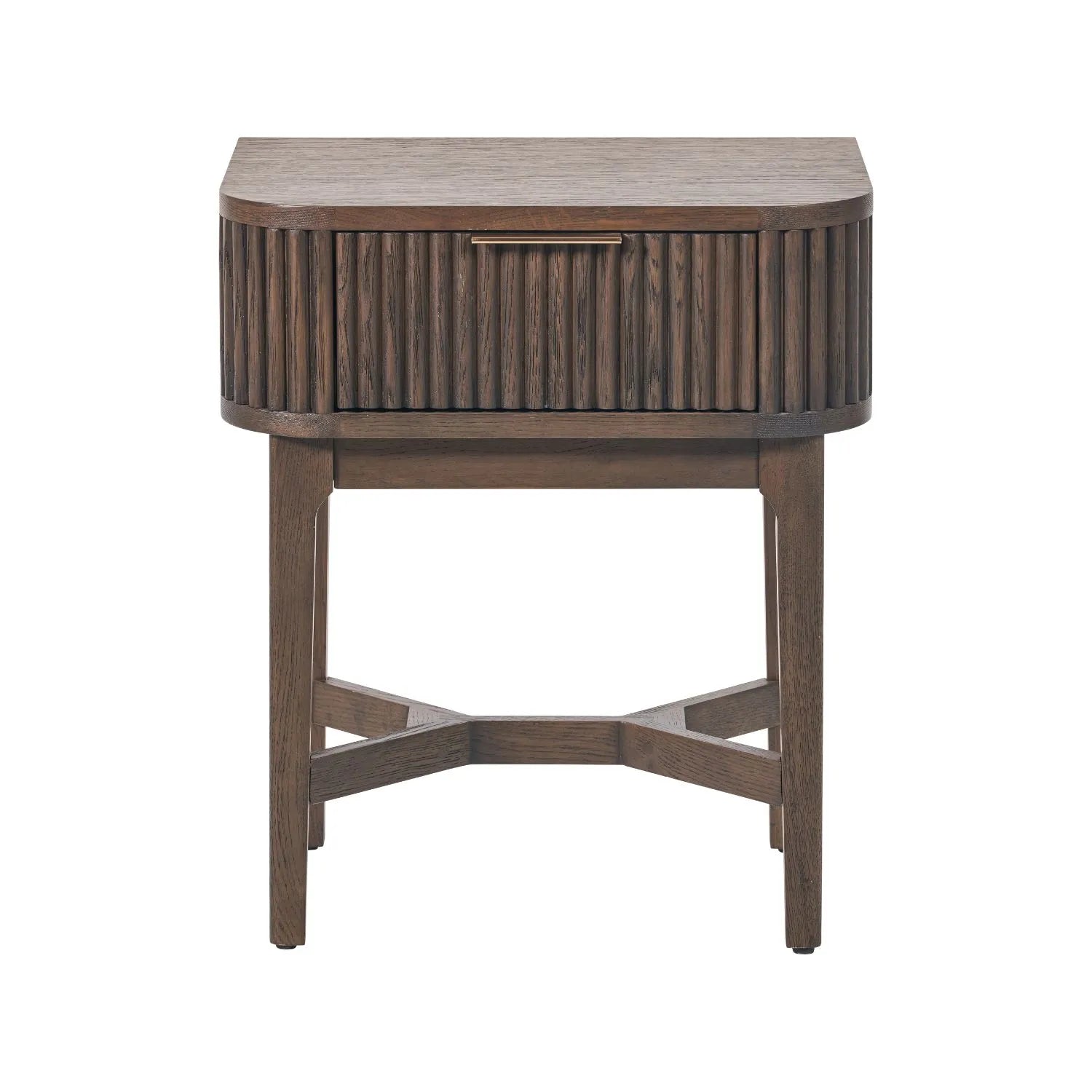 Scandinavian Retro Ribbed Dark Brown Oak Wood 1 Drawer Wooden Side Table with Slim Gold Handle, Curved Edges, Tapered Legs and Angular Cross Brace – Bedside Table 65x56x38cm | Click Style