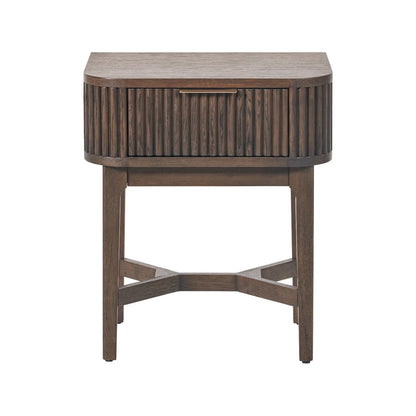 Scandinavian Retro Ribbed Dark Brown Oak Wood 1 Drawer Wooden Side Table with Slim Gold Handle, Curved Edges, Tapered Legs and Angular Cross Brace – Bedside Table 65x56x38cm | Click Style