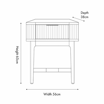 Scandinavian Retro Ribbed Dark Brown Oak Wood 1 Drawer Wooden Side Table with Slim Gold Handle, Curved Edges, Tapered Legs and Angular Cross Brace – Bedside Table Dimensions 65x56x38cm | Click Style