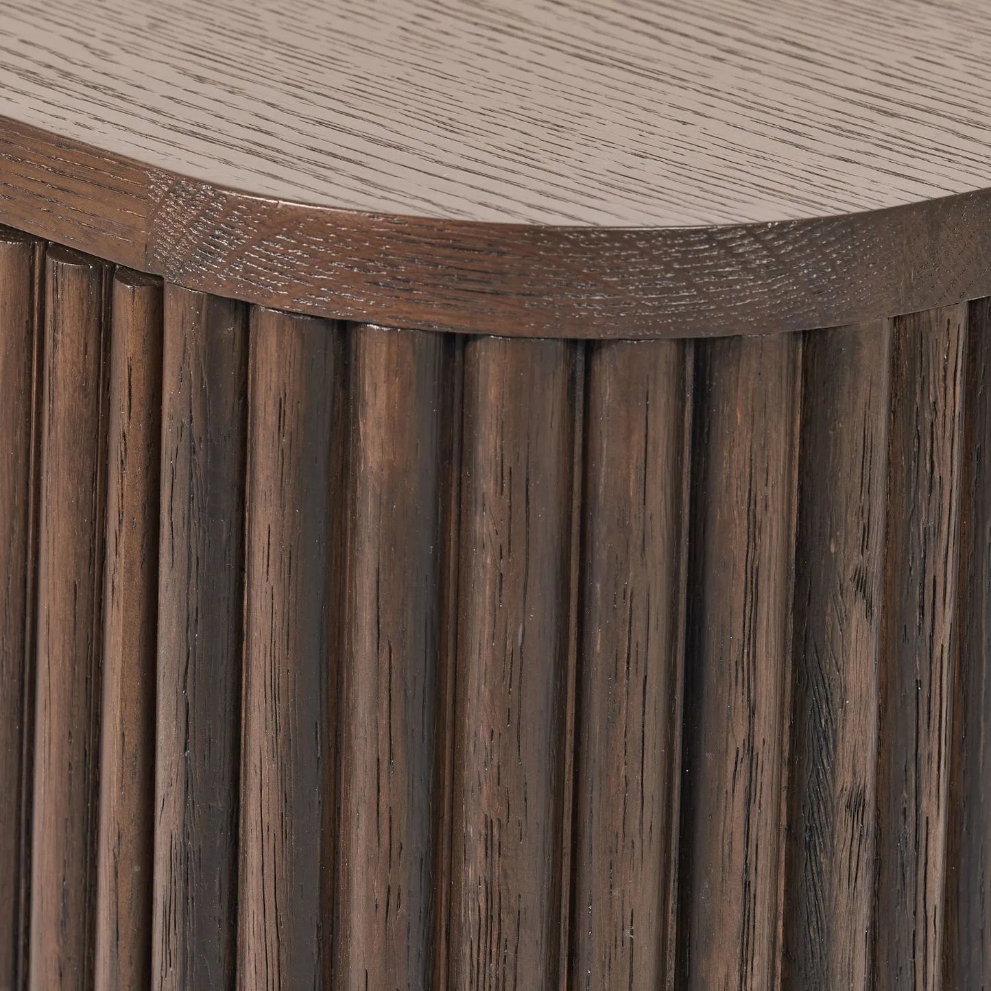 Scandinavian Retro Ribbed Dark Brown Oak Wood 1 Drawer Wooden Side Table with Slim Gold Handle, Curved Edges, Tapered Legs and Angular Cross Brace – Bedside Table 65x56x38cm | Click Style