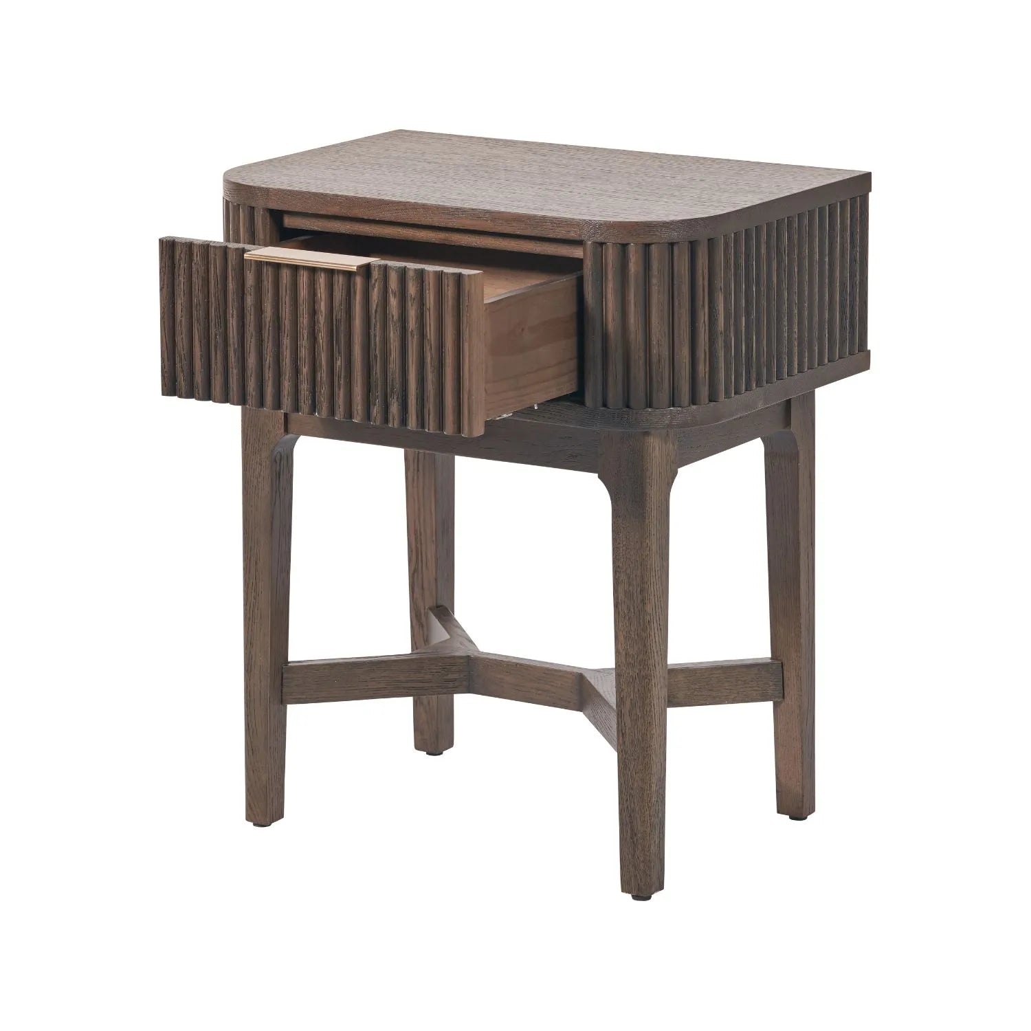 Scandinavian Retro Ribbed Dark Brown Oak Wood 1 Drawer Wooden Side Table with Slim Gold Handle, Curved Edges, Tapered Legs and Angular Cross Brace – Bedside Table 65x56x38cm | Click Style