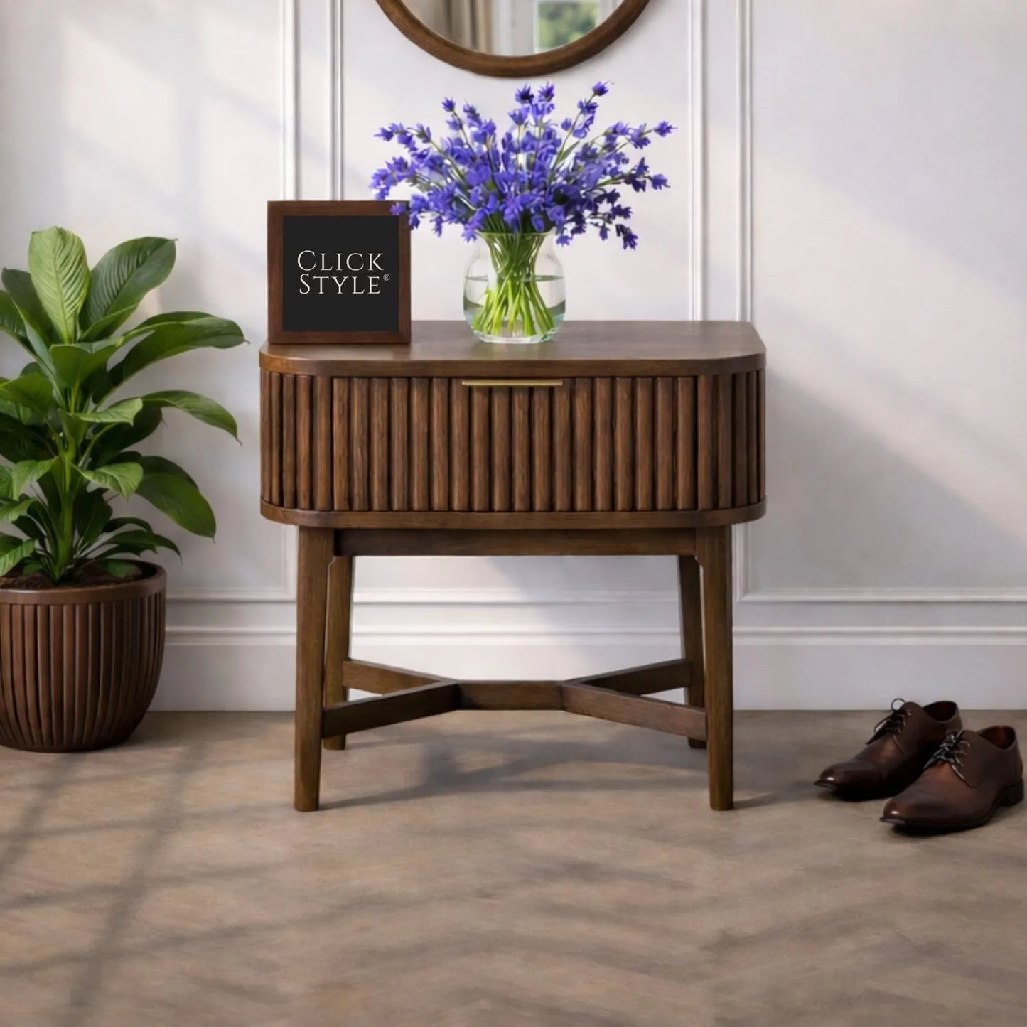 Scandinavian Retro Ribbed Dark Brown Oak Wood 1 Drawer Wooden Side Table with Slim Gold Handle, Curved Edges, Tapered Legs and Angular Cross Brace – Bedside Table 65x56x38cm | Click Style