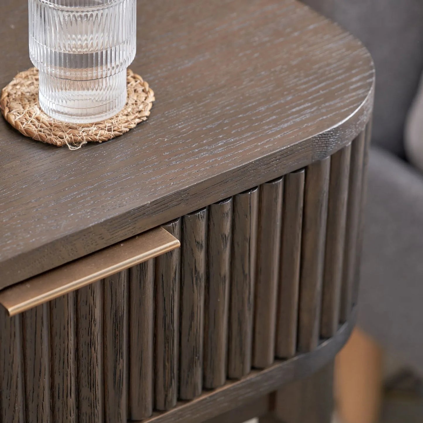 Scandinavian Retro Ribbed Dark Brown Oak Wood 1 Drawer Wooden Side Table with Slim Gold Handle, Curved Edges, Tapered Legs and Angular Cross Brace – Bedside Table 65x56x38cm | Click Style