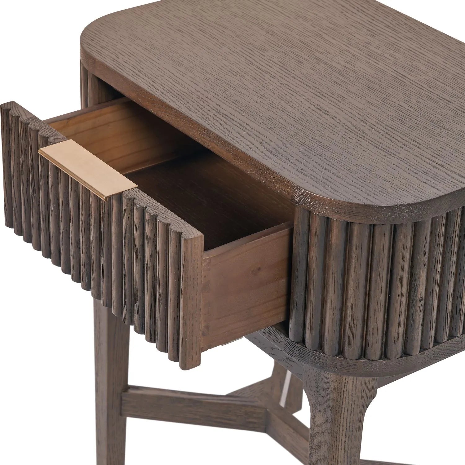 Scandinavian Retro Ribbed Dark Brown Oak Wood 1 Drawer Wooden Side Table with Slim Gold Handle, Curved Edges, Tapered Legs and Angular Cross Brace – Bedside Table 65x56x38cm | Click Style