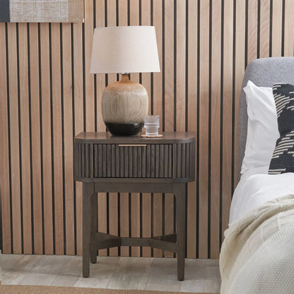 Scandinavian Retro Ribbed Dark Brown Oak Wood 1 Drawer Wooden Side Table with Slim Gold Handle, Curved Edges, Tapered Legs and Angular Cross Brace – Bedside Table 65x56x38cm | Click Style