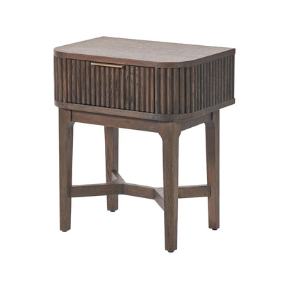 Scandinavian Retro Ribbed Dark Brown Oak Wood 1 Drawer Wooden Side Table with Slim Gold Handle, Curved Edges, Tapered Legs and Angular Cross Brace – Bedside Table 65x56x38cm | Click Style