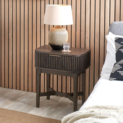 Scandinavian Retro Ribbed Dark Brown Oak Wood 1 Drawer Wooden Side Table with Slim Gold Handle, Curved Edges, Tapered Legs and Angular Cross Brace – Bedside Table 65x56x38cm | Click Style