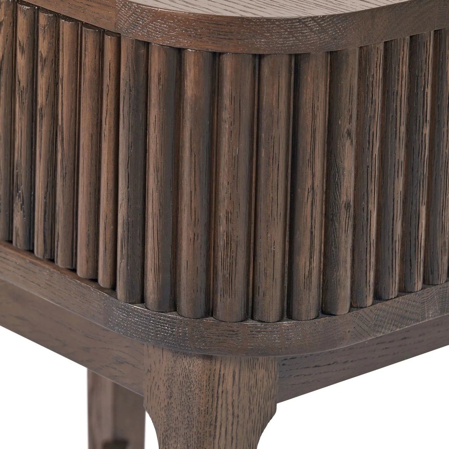 Scandinavian Retro Ribbed Dark Brown Oak Wood 1 Drawer Wooden Side Table with Slim Gold Handle, Curved Edges, Tapered Legs and Angular Cross Brace – Bedside Table 65x56x38cm | Click Style