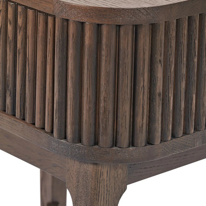 Scandinavian Retro Ribbed Dark Brown Oak Wood 1 Drawer Wooden Side Table with Slim Gold Handle, Curved Edges, Tapered Legs and Angular Cross Brace – Bedside Table 65x56x38cm | Click Style