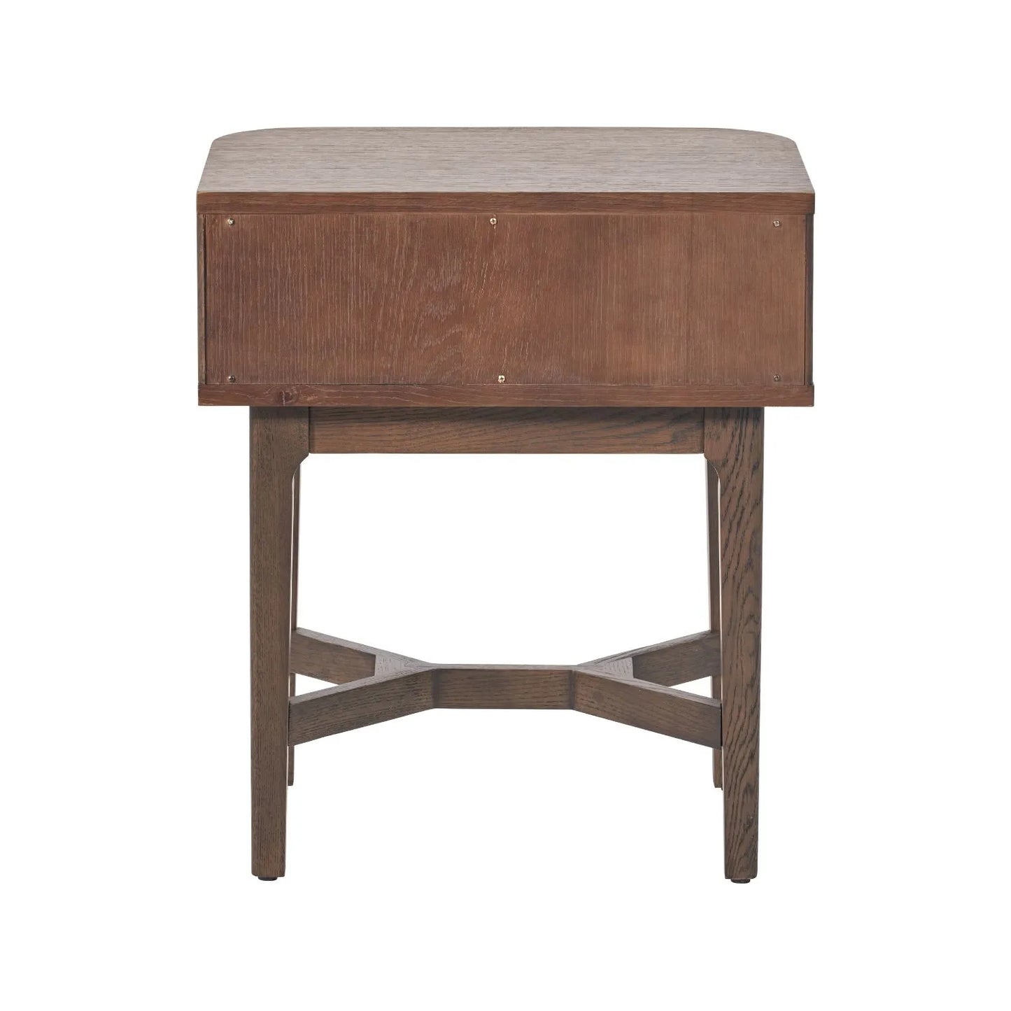 Scandinavian Retro Ribbed Dark Brown Oak Wood 1 Drawer Wooden Side Table with Slim Gold Handle, Curved Edges, Tapered Legs and Angular Cross Brace – Bedside Table Back View 65x56x38cm | Click Style