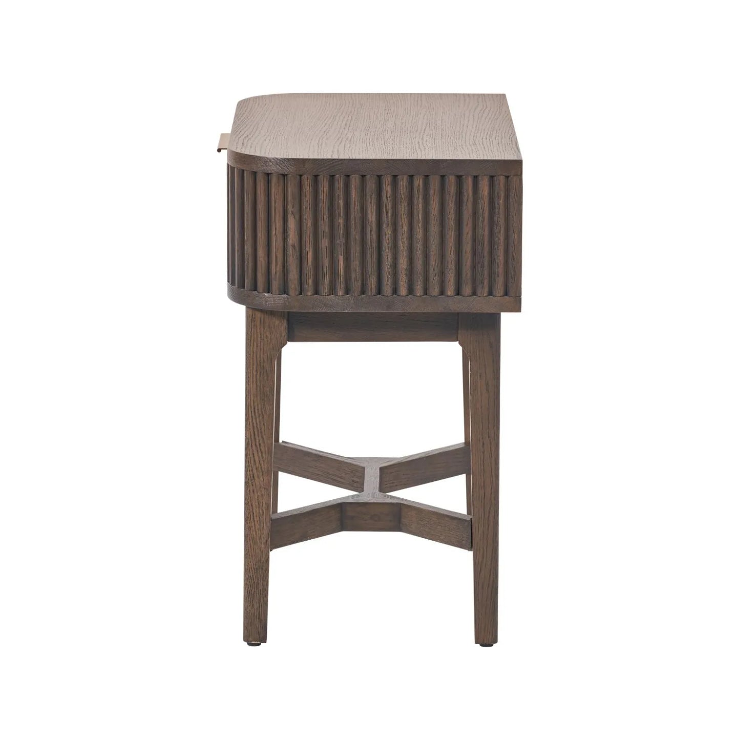 Scandinavian Retro Ribbed Dark Brown Oak Wood 1 Drawer Wooden Side Table with Slim Gold Handle, Curved Edges, Tapered Legs and Angular Cross Brace – Bedside Table Side View 65x56x38cm | Click Style