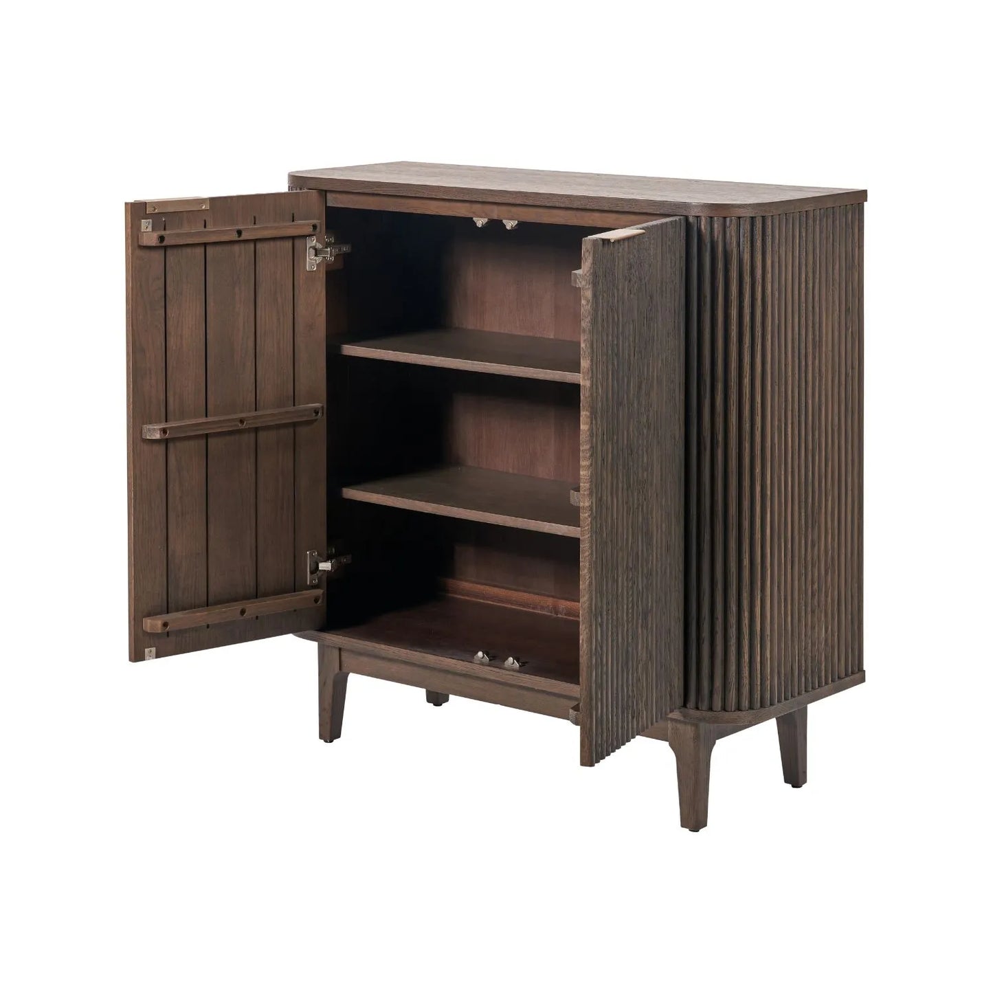 Scandinavian Retro Ribbed Dark Brown Oak Wood 2 Door Bar Cabinet with Slim Gold Handles – Mid Century Style Fluted Oak Drinks Cabinet with Tapered Legs, Home Bar Storage Cabinet for Living Room 100x100x38cm | Click Style
