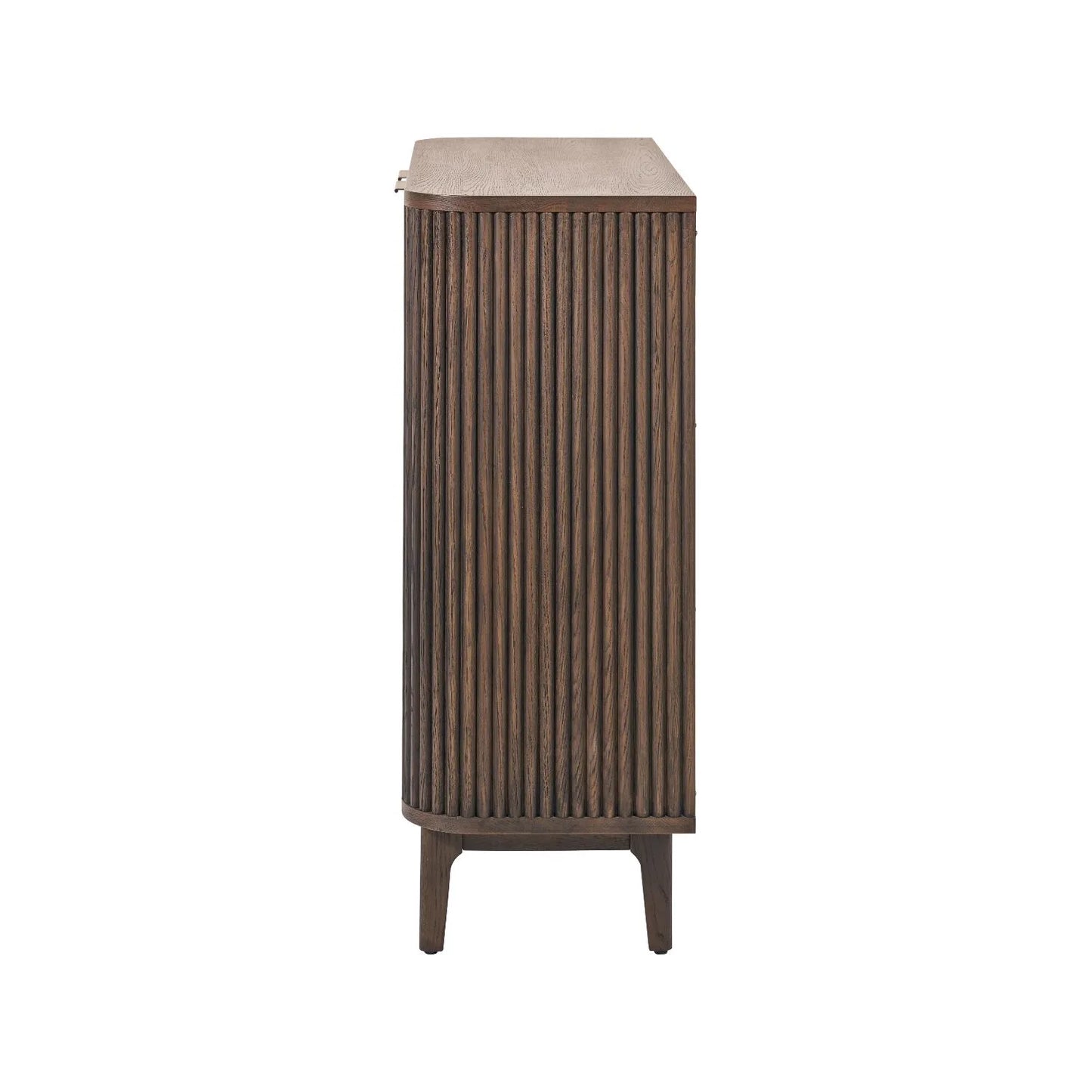 Scandinavian Retro Ribbed Dark Brown Oak Wood 2 Door Bar Cabinet with Slim Gold Handles – Mid Century Style Fluted Oak Drinks Cabinet with Tapered Legs Side View, Home Bar Storage Cabinet for Living Room 100x100x38cm | Click Style