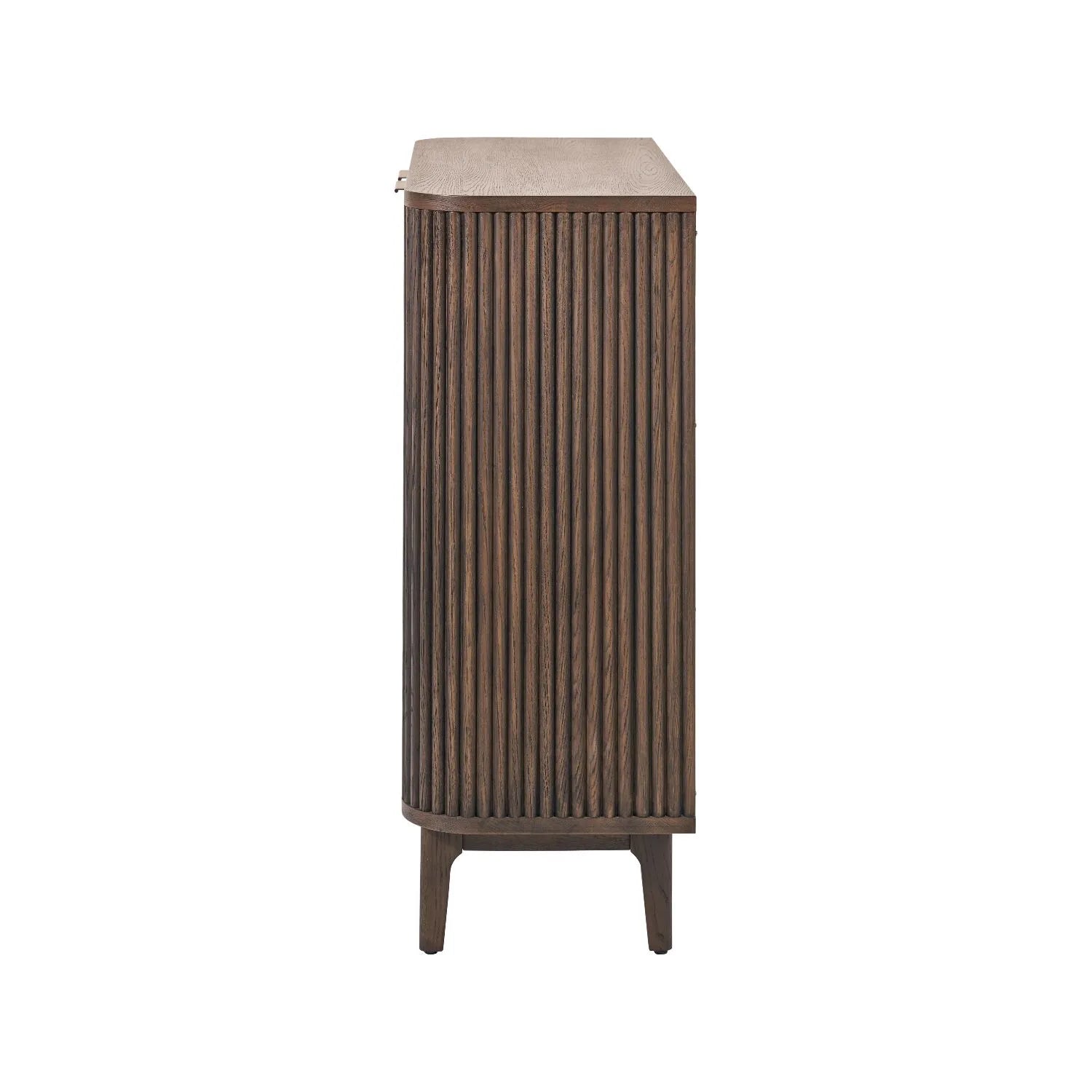 Scandinavian Retro Ribbed Dark Brown Oak Wood 2 Door Bar Cabinet with Slim Gold Handles – Mid Century Style Fluted Oak Drinks Cabinet with Tapered Legs Side View, Home Bar Storage Cabinet for Living Room 100x100x38cm | Click Style
