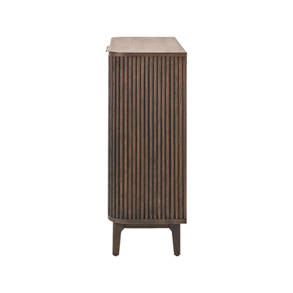 Scandinavian Retro Ribbed Dark Brown Oak Wood 2 Door Bar Cabinet with Slim Gold Handles – Mid Century Style Fluted Oak Drinks Cabinet with Tapered Legs Side View, Home Bar Storage Cabinet for Living Room 100x100x38cm | Click Style