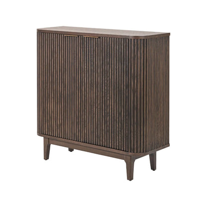Scandinavian Retro Ribbed Dark Brown Oak Wood 2 Door Bar Cabinet with Slim Gold Handles – Mid Century Style Fluted Oak Drinks Cabinet with Tapered Legs, Home Bar Storage Cabinet for Living Room 100x100x38cm | Click Style