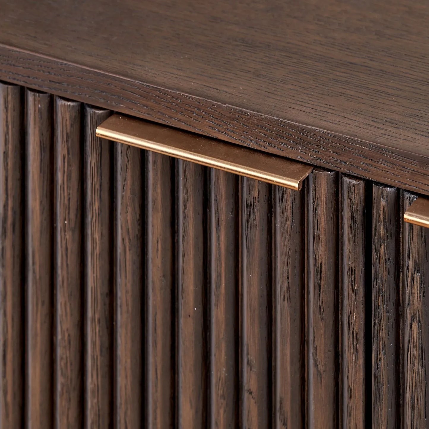 Scandinavian Retro Ribbed Dark Brown Oak Wood 2 Door Bar Cabinet with Slim Gold Handles – Mid Century Style Fluted Oak Drinks Cabinet with Tapered Legs, Home Bar Storage Cabinet for Living Room 100x100x38cm | Click Style
