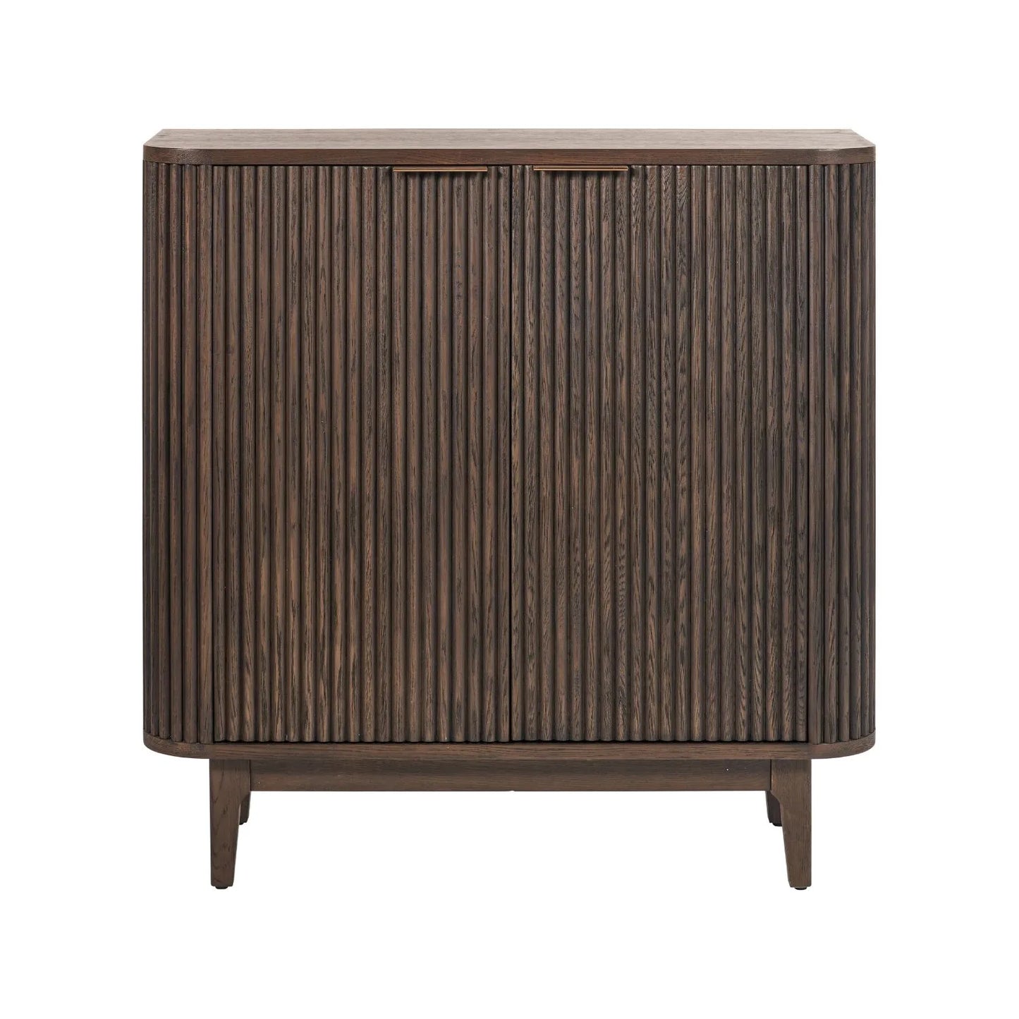 Scandinavian Retro Ribbed Dark Brown Oak Wood 2 Door Bar Cabinet with Slim Gold Handles – Mid Century Style Fluted Oak Drinks Cabinet with Tapered Legs, Home Bar Storage Cabinet for Living Room 100x100x38cm | Click Style