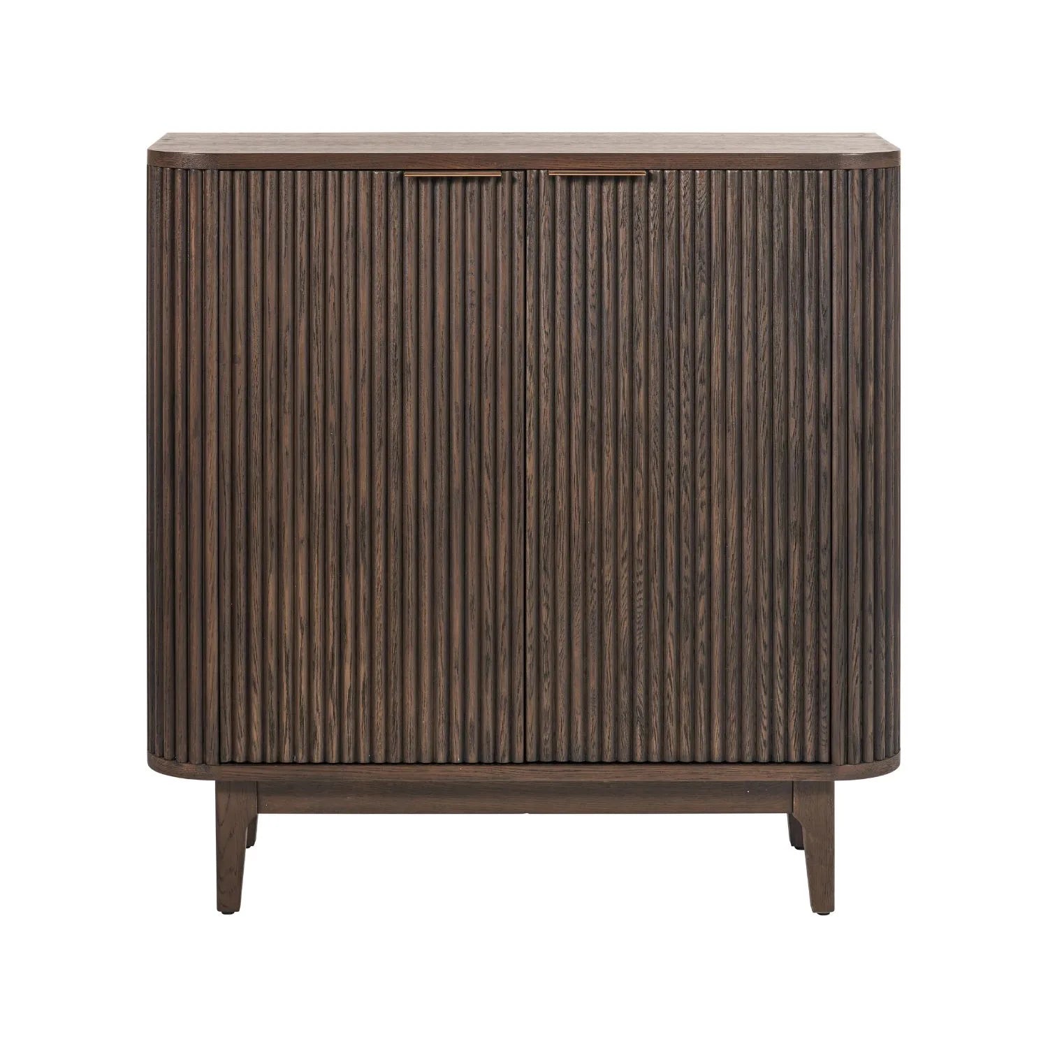 Scandinavian Retro Ribbed Dark Brown Oak Wood 2 Door Bar Cabinet with Slim Gold Handles – Mid Century Style Fluted Oak Drinks Cabinet with Tapered Legs, Home Bar Storage Cabinet for Living Room 100x100x38cm | Click Style