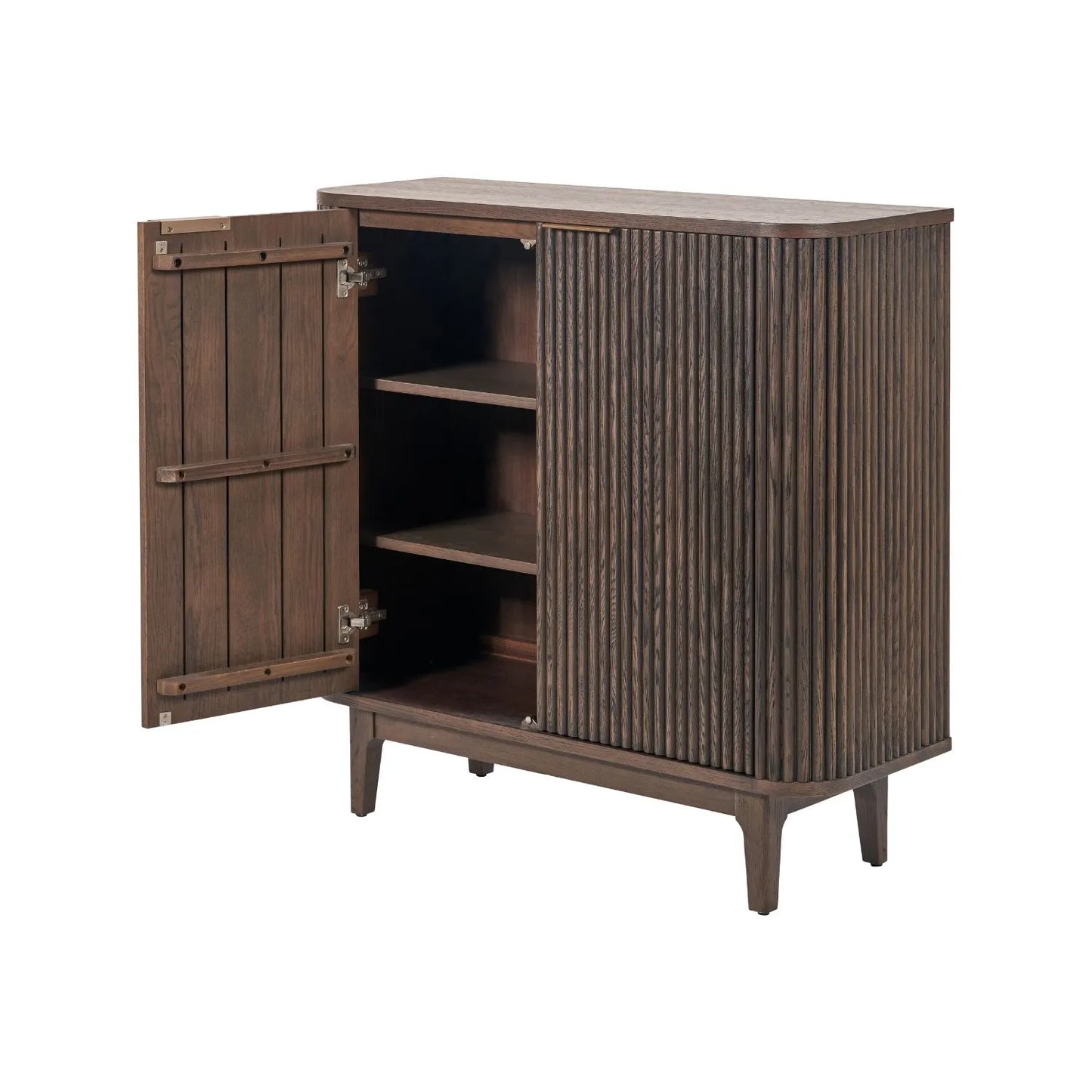 Scandinavian Retro Ribbed Dark Brown Oak Wood 2 Door Bar Cabinet with Slim Gold Handles – Mid Century Style Fluted Oak Drinks Cabinet with Tapered Legs, Home Bar Storage Cabinet for Living Room 100x100x38cm | Click Style