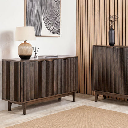 Scandinavian Retro Ribbed Dark Brown Oak Wood 2 Door Bar Cabinet with Slim Gold Handles – Mid Century Style Fluted Oak Drinks Cabinet with Tapered Legs, Home Bar Storage Cabinet for Living Room 100x100x38cm | Click Style