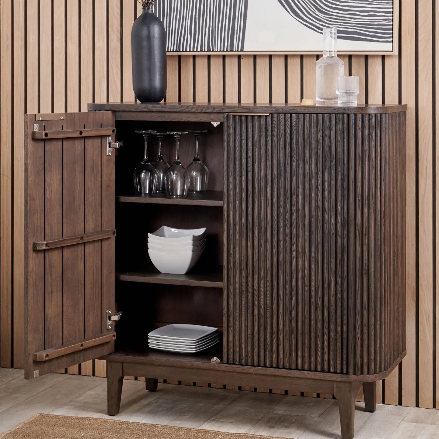Scandinavian Retro Ribbed Dark Brown Oak Wood 2 Door Bar Cabinet with Slim Gold Handles – Mid Century Style Fluted Oak Drinks Cabinet with Tapered Legs, Home Bar Storage Cabinet for Living Room 100x100x38cm | Click Style