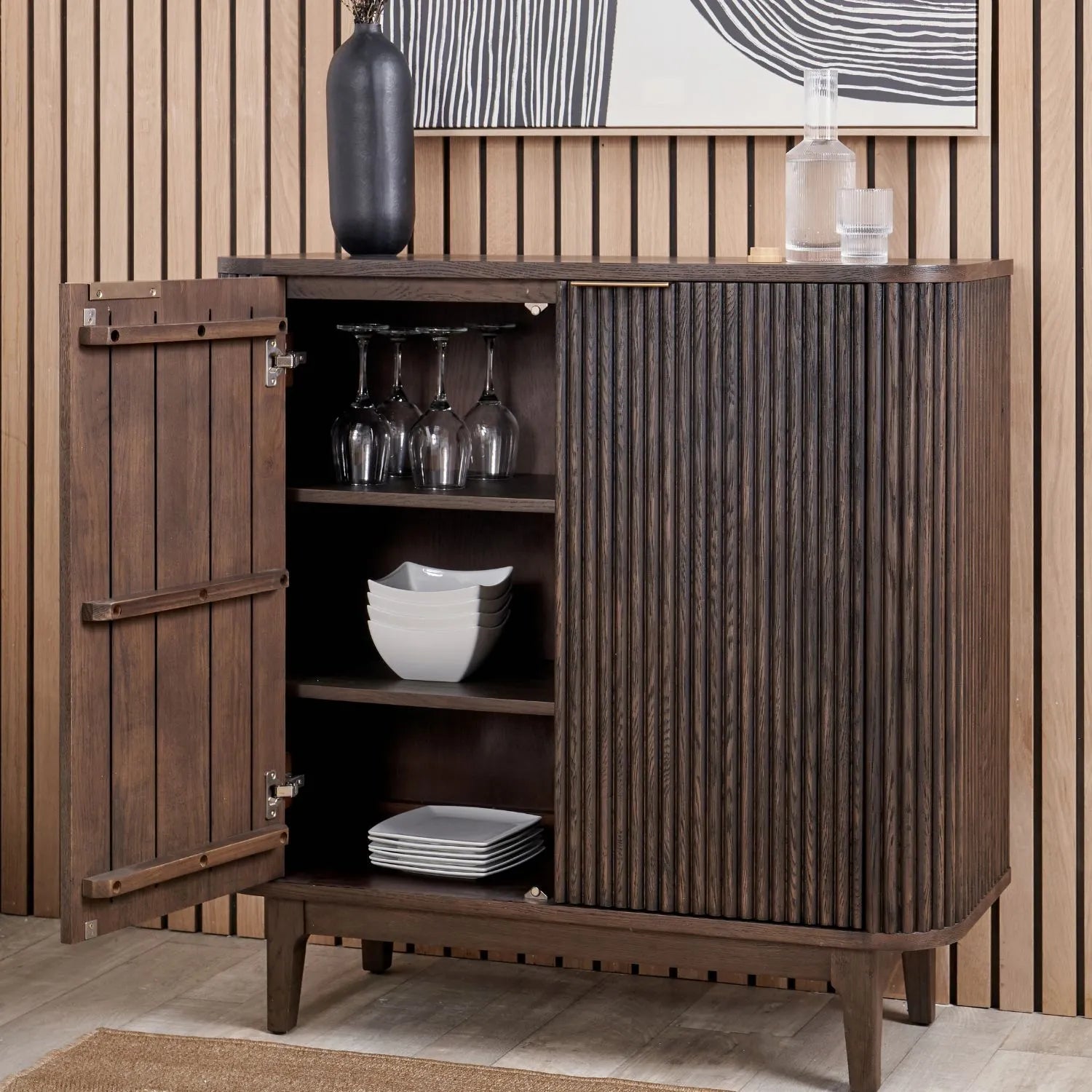 Scandinavian Retro Ribbed Dark Brown Oak Wood 2 Door Bar Cabinet with Slim Gold Handles – Mid Century Style Fluted Oak Drinks Cabinet with Tapered Legs, Home Bar Storage Cabinet for Living Room 100x100x38cm | Click Style