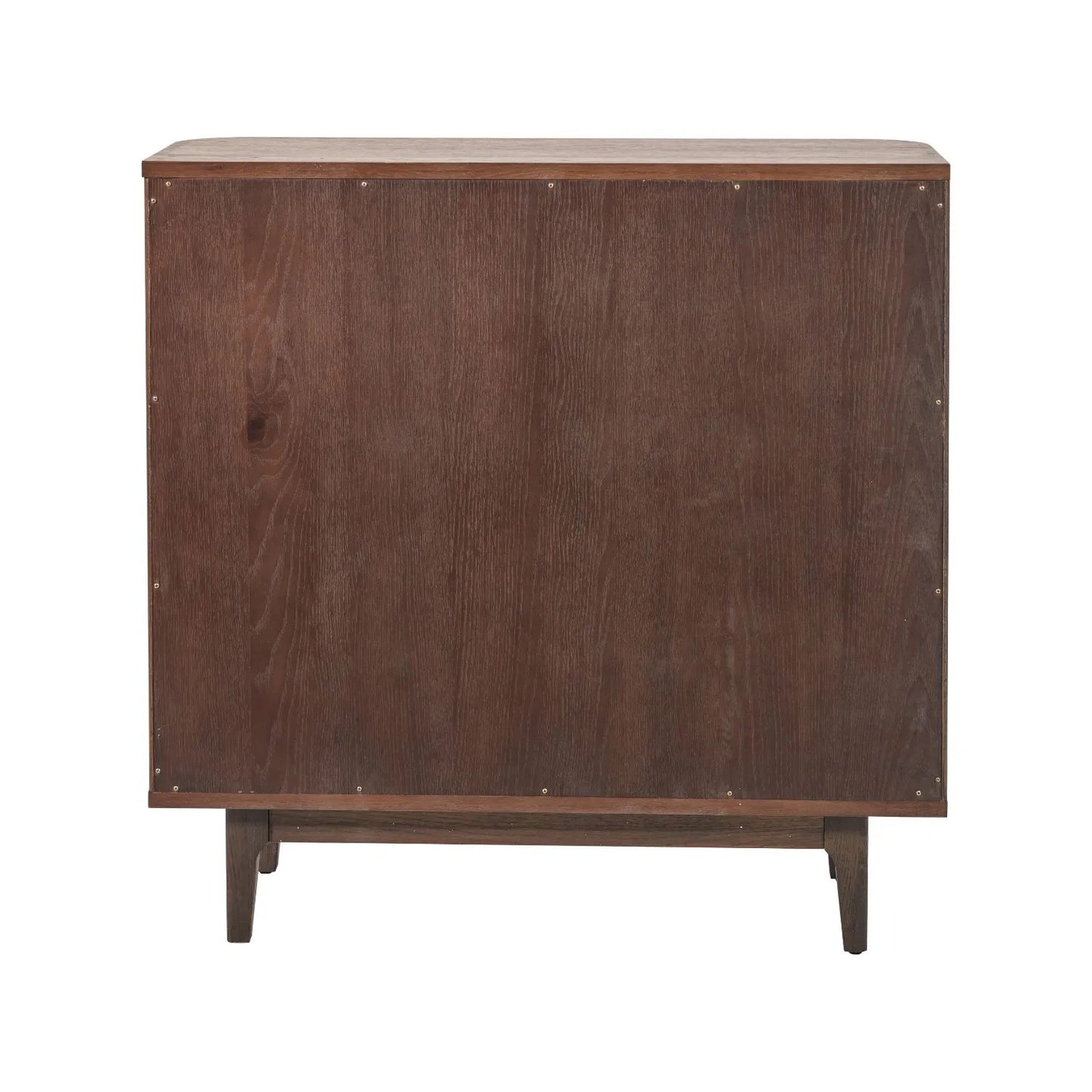 Scandinavian Retro Ribbed Dark Brown Oak Wood 2 Door Bar Cabinet with Slim Gold Handles – Mid Century Style Fluted Oak Drinks Cabinet with Tapered Legs Back View, Home Bar Storage Cabinet for Living Room 100x100x38cm | Click Style