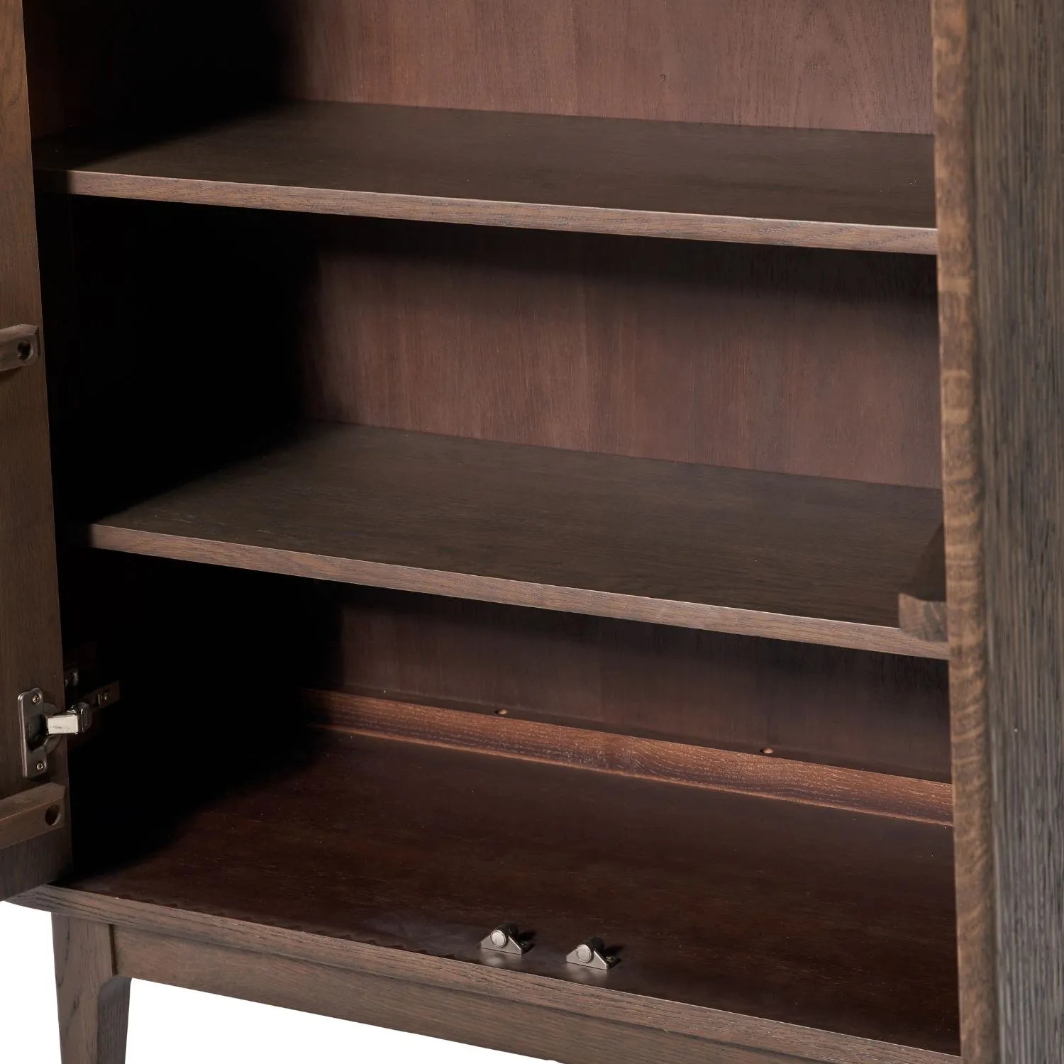 Scandinavian Retro Ribbed Dark Brown Oak Wood 2 Door Bar Cabinet with Slim Gold Handles – Mid Century Style Fluted Oak Drinks Cabinet with Tapered Legs, Home Bar Storage Cabinet for Living Room 100x100x38cm | Click Style