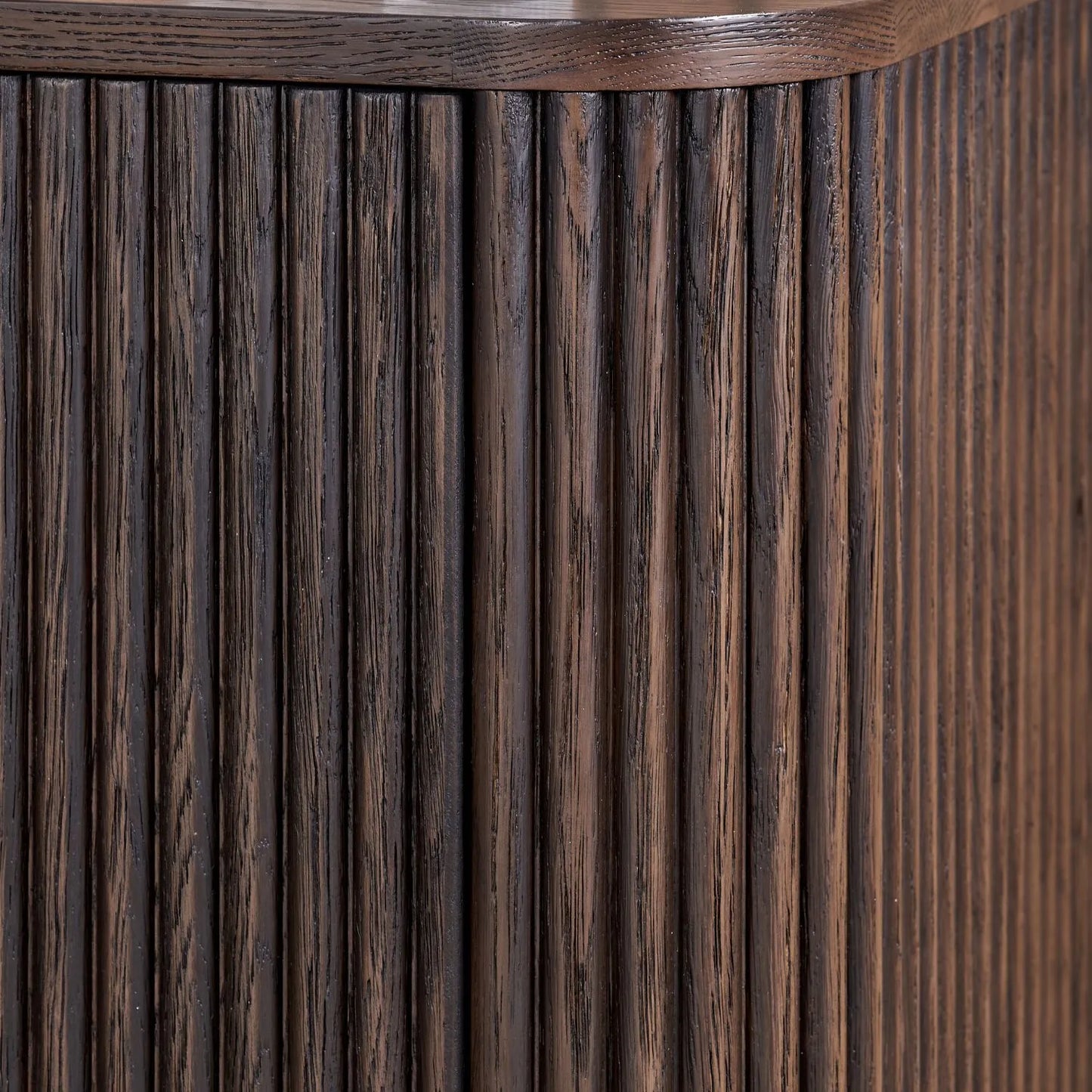 Scandinavian Retro Ribbed Dark Brown Oak Wood 2 Door Bar Cabinet with Slim Gold Handles – Mid Century Style Fluted Oak Drinks Cabinet with Tapered Legs, Home Bar Storage Cabinet for Living Room 100x100x38cm | Click Style