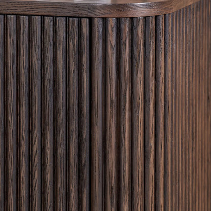 Scandinavian Retro Ribbed Dark Brown Oak Wood 2 Door Bar Cabinet with Slim Gold Handles – Mid Century Style Fluted Oak Drinks Cabinet with Tapered Legs, Home Bar Storage Cabinet for Living Room 100x100x38cm | Click Style
