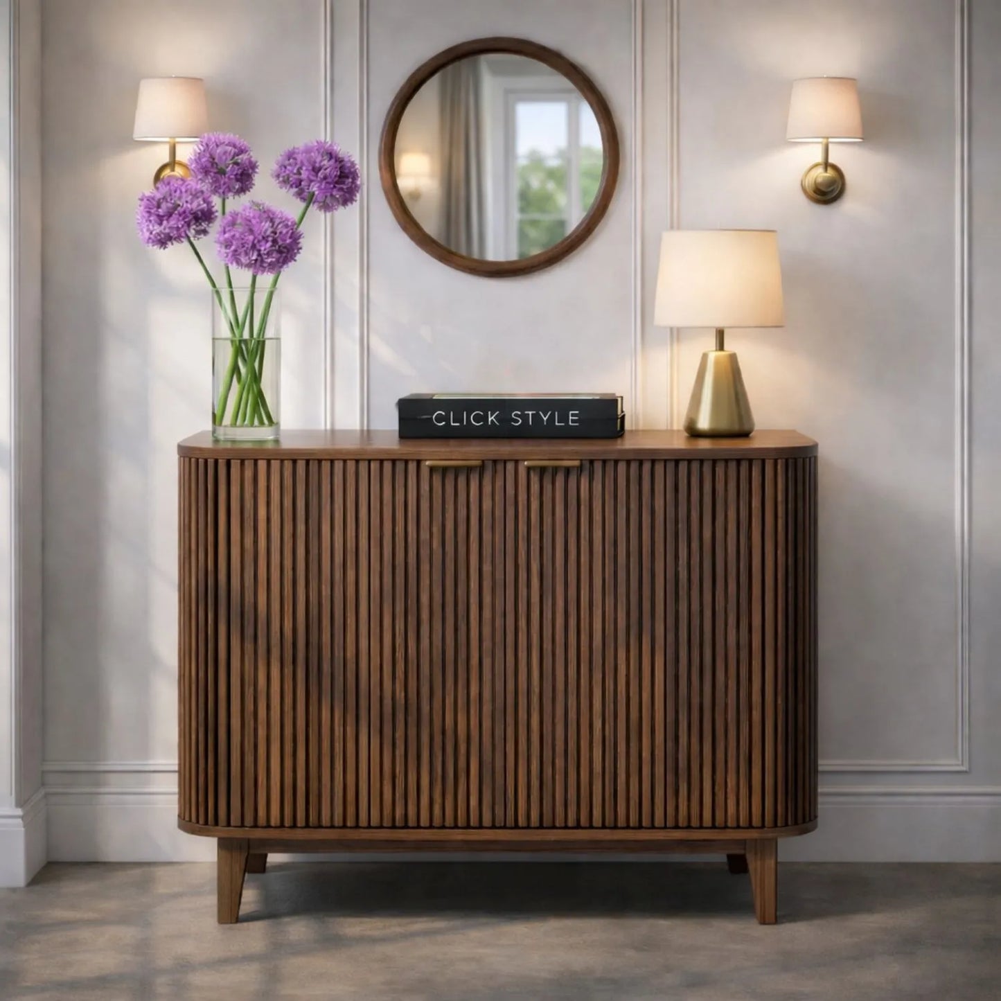 Scandinavian Retro Ribbed Dark Brown Oak Wood 2 Door Bar Cabinet with Slim Gold Handles – Mid Century Style Fluted Oak Drinks Cabinet with Tapered Legs, Home Bar Storage Cabinet for Living Room 100x100x38cm | Click Style