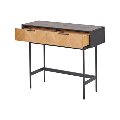Scandinavian Two Tone Chevron Oak & Black 2 Drawer Console Table with Herringbone Veneer Front, Slim Black Metal Legs & Clean Rectangular Frame – Modern Wooden Hallway Console Table with Storage Drawers for Living Rooms & Hallways 80x100x38cm | Click Style