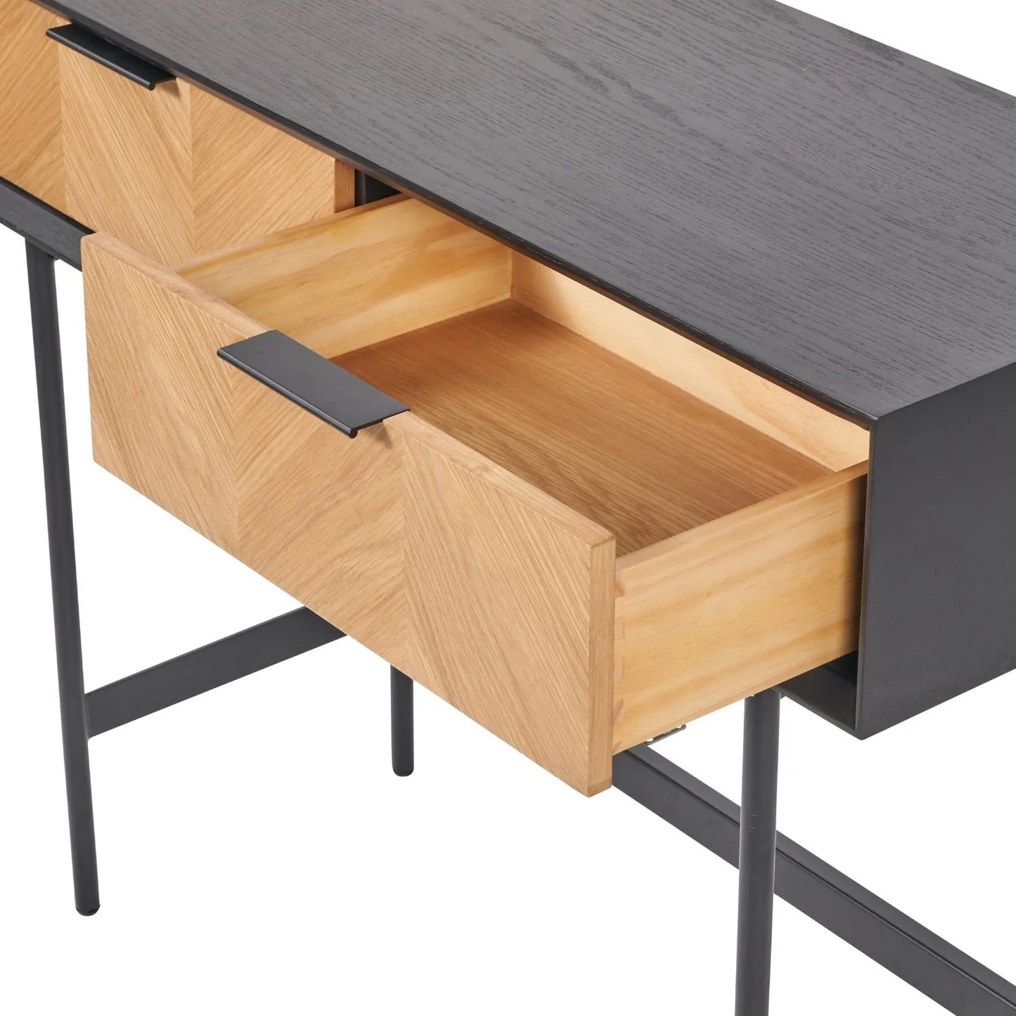 Scandinavian Two Tone Chevron Oak & Black 2 Drawer Console Table with Herringbone Veneer Front, Slim Black Metal Legs & Clean Rectangular Frame – Modern Wooden Hallway Console Table with Storage Drawers for Living Rooms & Hallways 80x100x38cm | Click Style